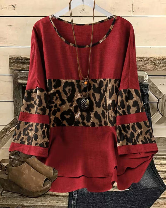 Top Rundhalset Leopard Farveblok