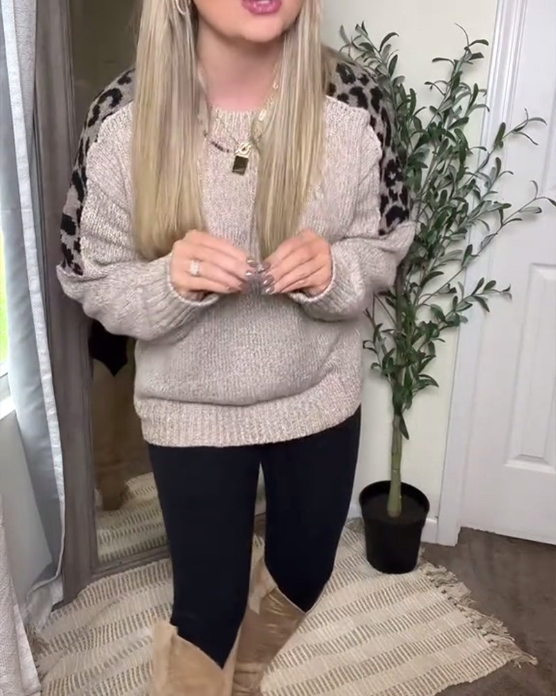 Pullover afslappet rund hals med leopardprint og patchwork
