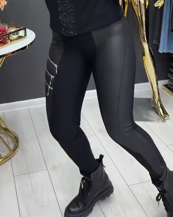 Leggings PU Patchwork Lynlås Udsmykket