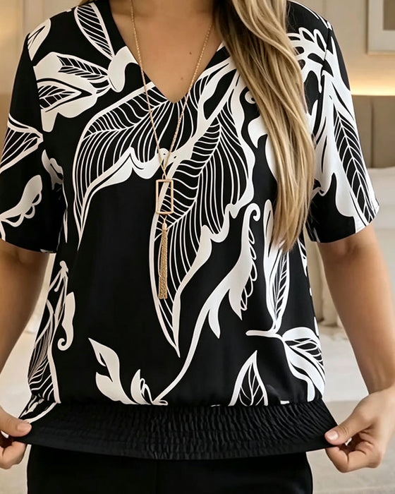 Bluse Blomstertryk Elastisk Kant Kortærmet
