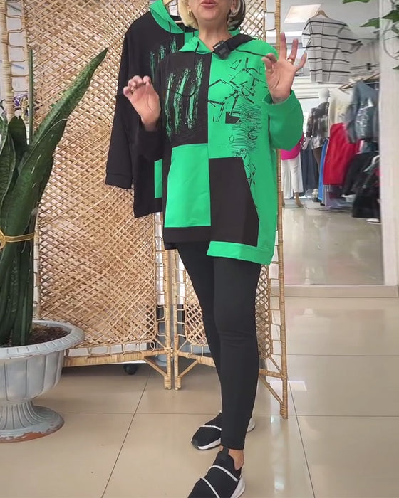 Sweatshirt afslappet hætte farveblok printet