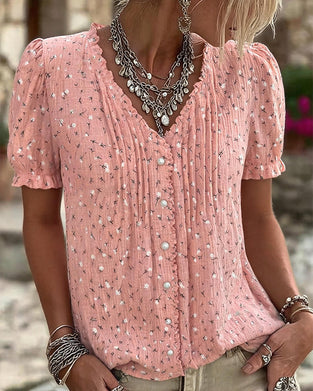 Bluse Puffærme Blomstret Tryk Kortærmet