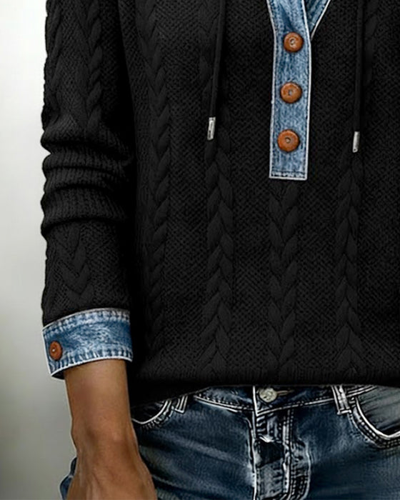 Farveblokeret Langærmet Hættetrøje Med Knapper