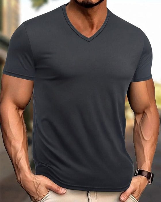 T-Shirt Ensfarvet V-Hals Afslappet Herre