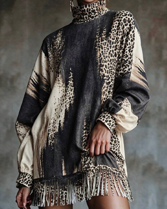 Kjole Turtleneck Leopard Farveblok