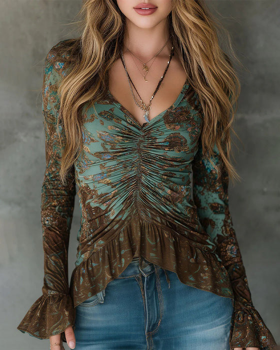 Bluse Samlet Rynke V-Hals Langærmet