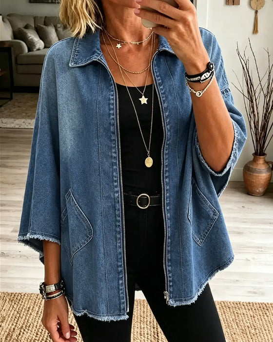 Frakke Revers Lynlås Frynser Denim