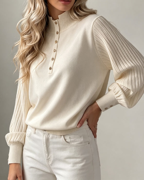 Pullover Højhals Knap Ribbet Pufferme Sweater