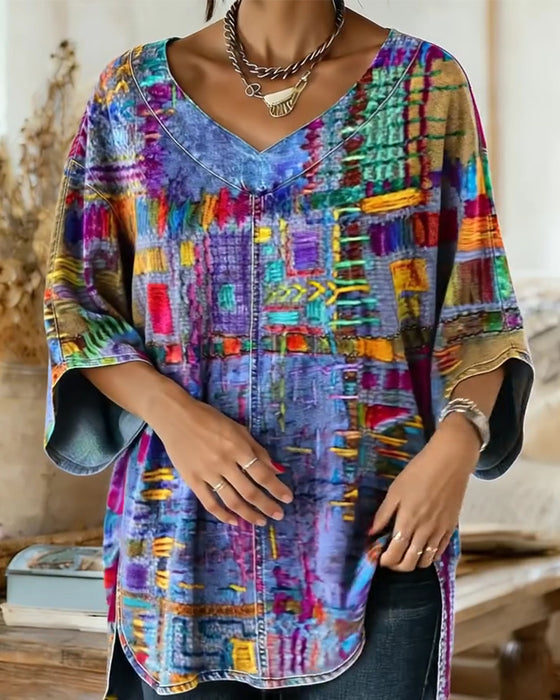 Bluse Med Farverigt Geometrisk Print Og Vide Ærmer