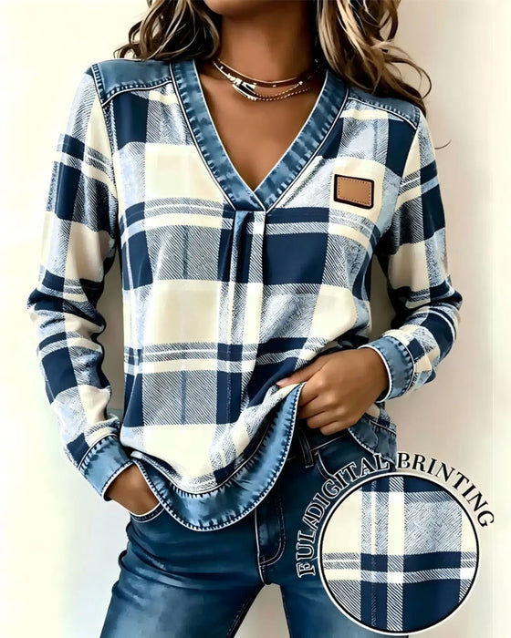 Top V-Hals Rutet Denim Patchwork