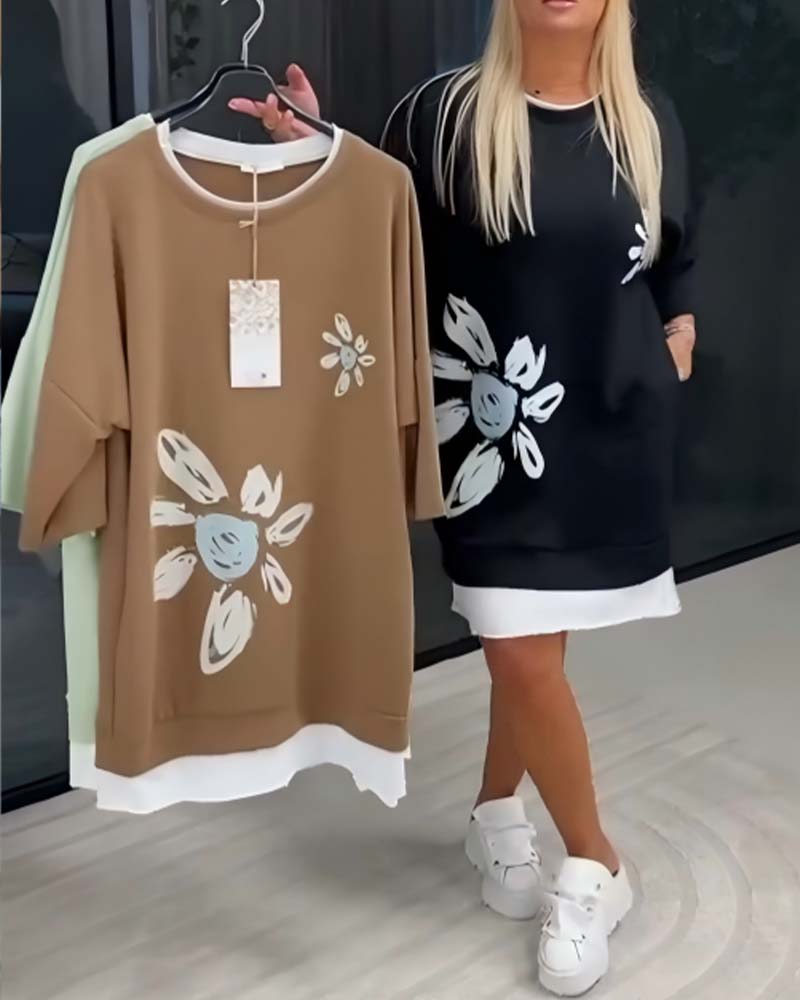 Sweatshirtkjole Rund Hals Trykt Patchwork