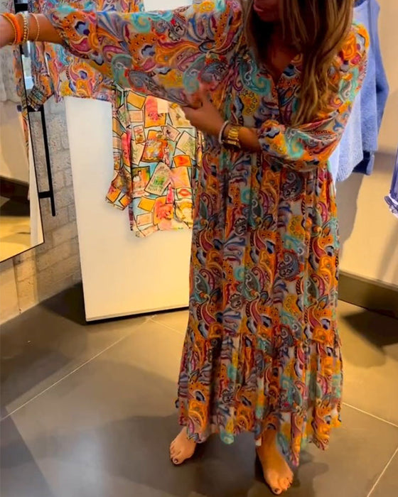 Print v-hals a-line maxi kjole