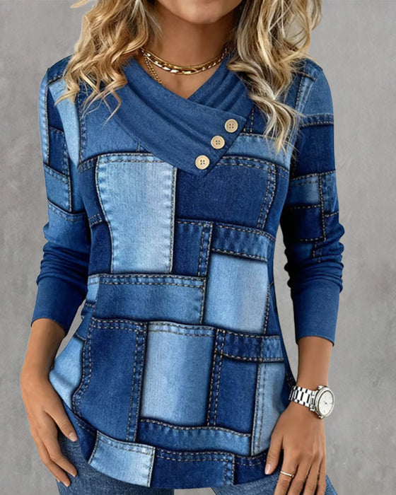 Langærmet Top Med V-Hals Og Kontrast I Ensfarve