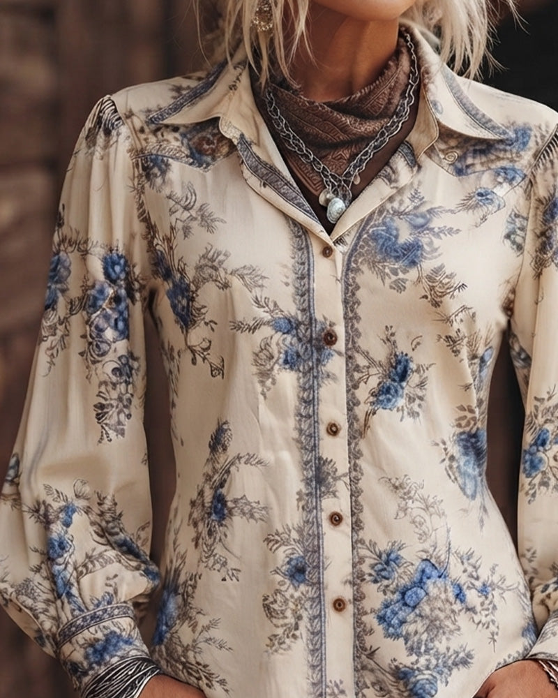 Vintage-Stil Blomstret Langærmet Skjorte Med Krave