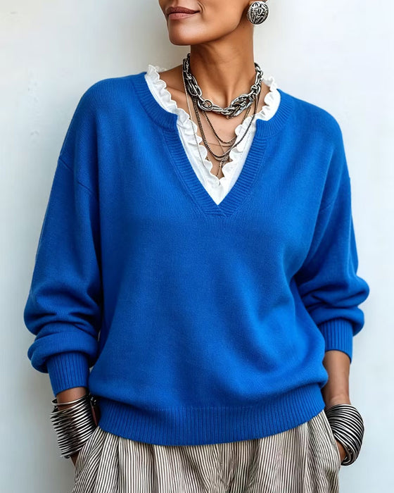 Pullover Faux Todelt V-Hals Blondekant