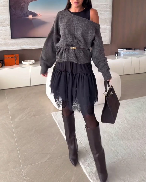 Off-Shoulder Løstsiddende Sweater & Blonder Kant Kjole