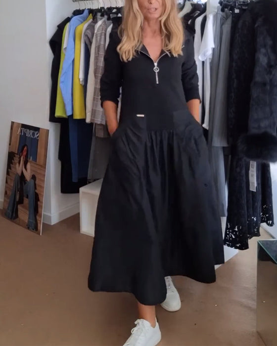 Kjole med afslappet lynlås og hætte, patchworklomme