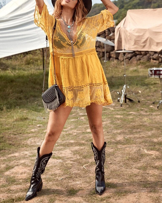 Smock V-Hals Blondebroderet