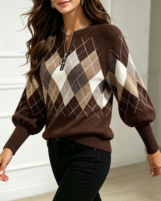 Pullover Rutemønster Jacquard Halv-Zip Lygte Ærme