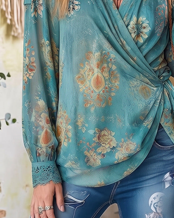 Top V-Hals Kryds Rynket Blonde Patchwork
