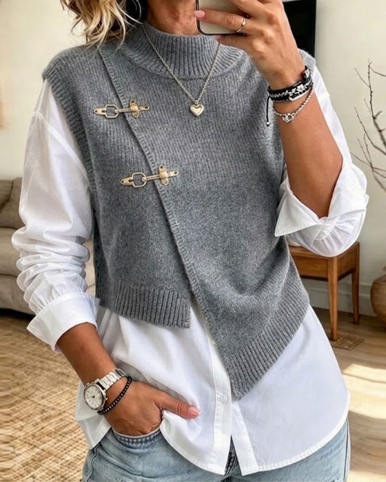 Sæt Halv Turtleneck Diagonal Knappet Sweater Vest