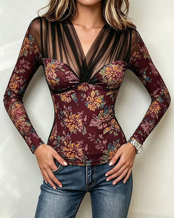 Top V-Hals Blomstret Casual
