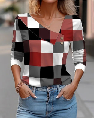 V-hals plaid top med knapper