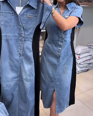Kjole Casual Denim Patchwork
