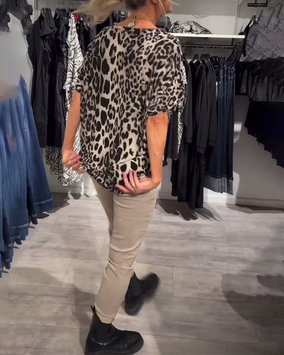 Bluse Rund Hals Leopardtryk Korte Ærmer