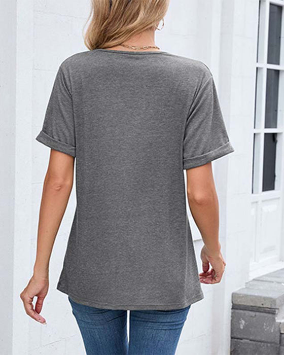 T-Shirt Ensfarvet V-Udskæring Afslappet Korte Ærmer