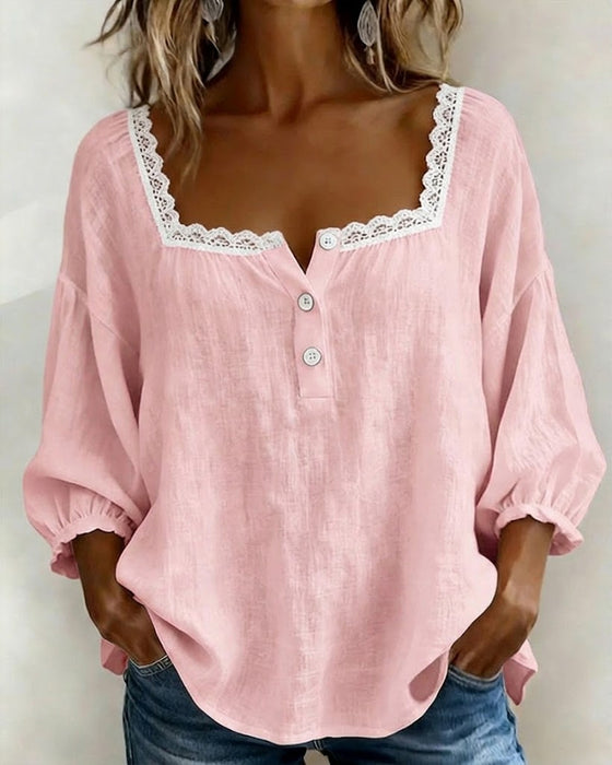 Bluse Med Firkantet Hals Blonder Puffærmer