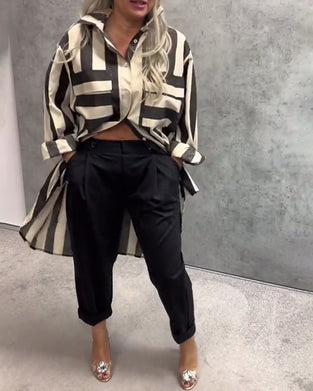 Skjorte Langærmet Løs Stribet