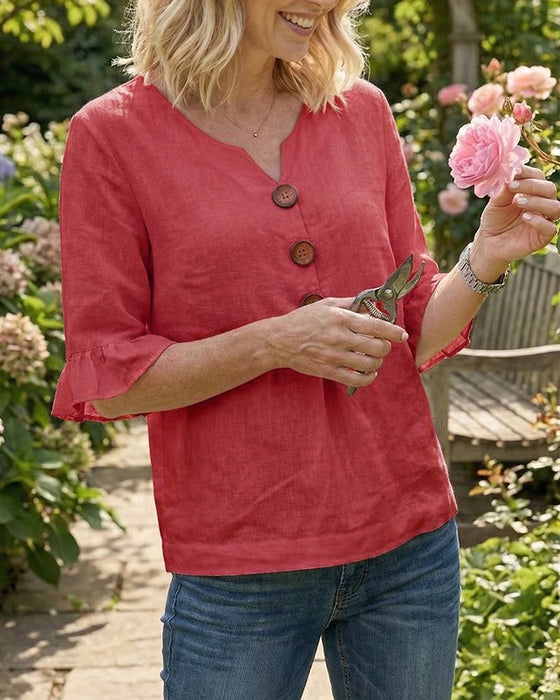 Bluser Ensfarvet Bomuld-Hør Træknapper Rynker