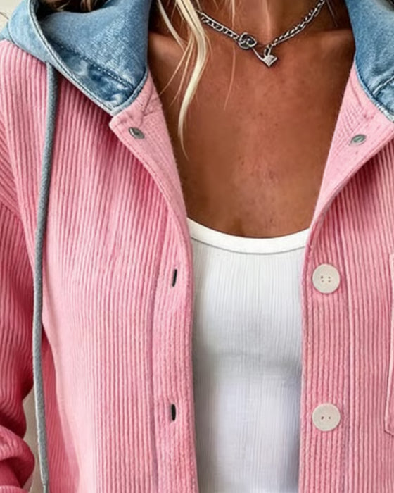 Frakke Hætte Ribstrikket Denim Patchwork Kneppet