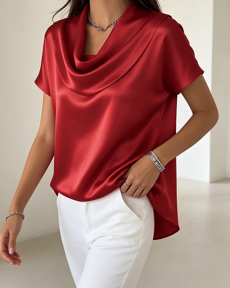 Bluse Enfarvet Draperet Krave