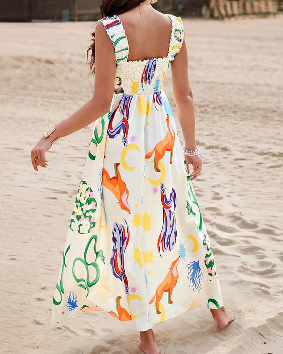 Farverig ærmeløs kjole med dyreprint