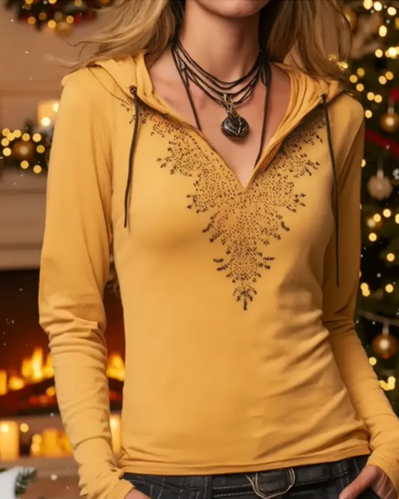 Top Med Hætte Casual Langærmet Trykt