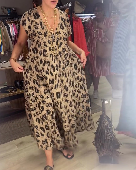 Kjole V-Hals Leopard Fuld Nederdel