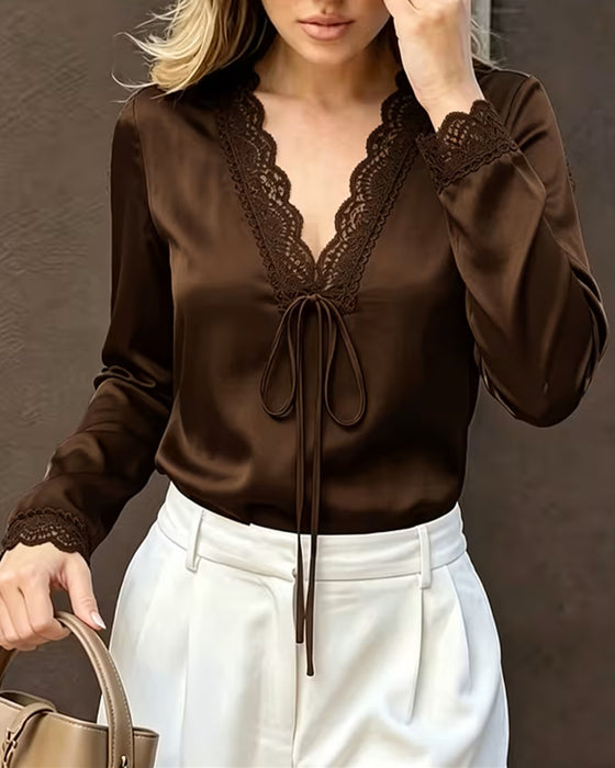 Bluse Lang Ærme V-Hals Blonder Patchwork