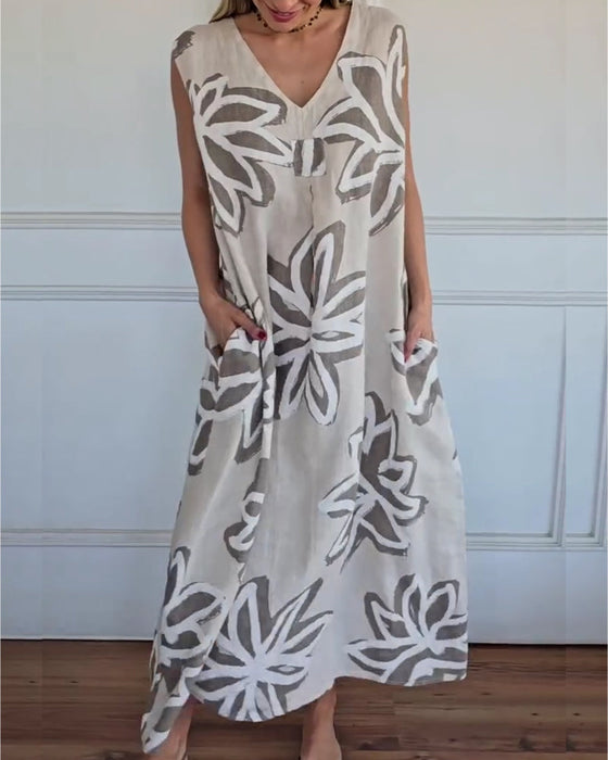 Kjole V-Hals Abstrakt Blomstret Ærmeløs