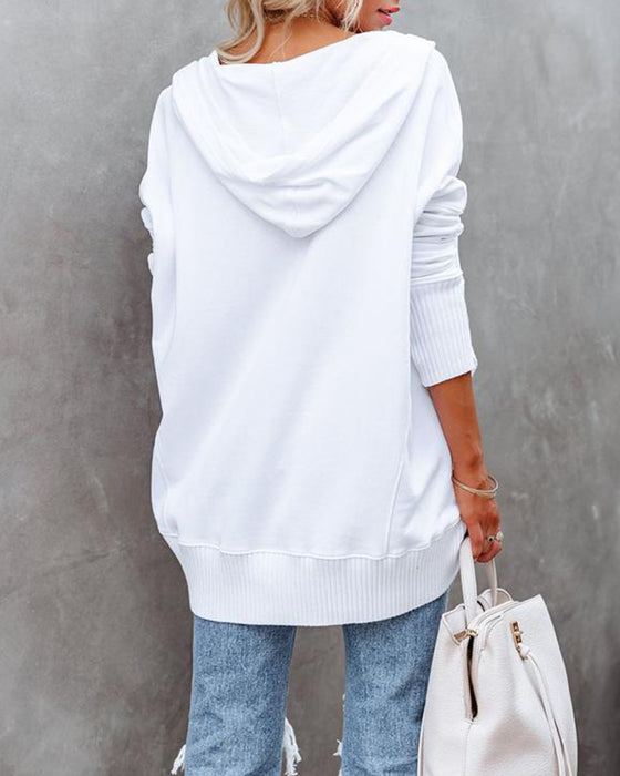 Sweatshirt afslappet v-hals hætte ensfarvet løs