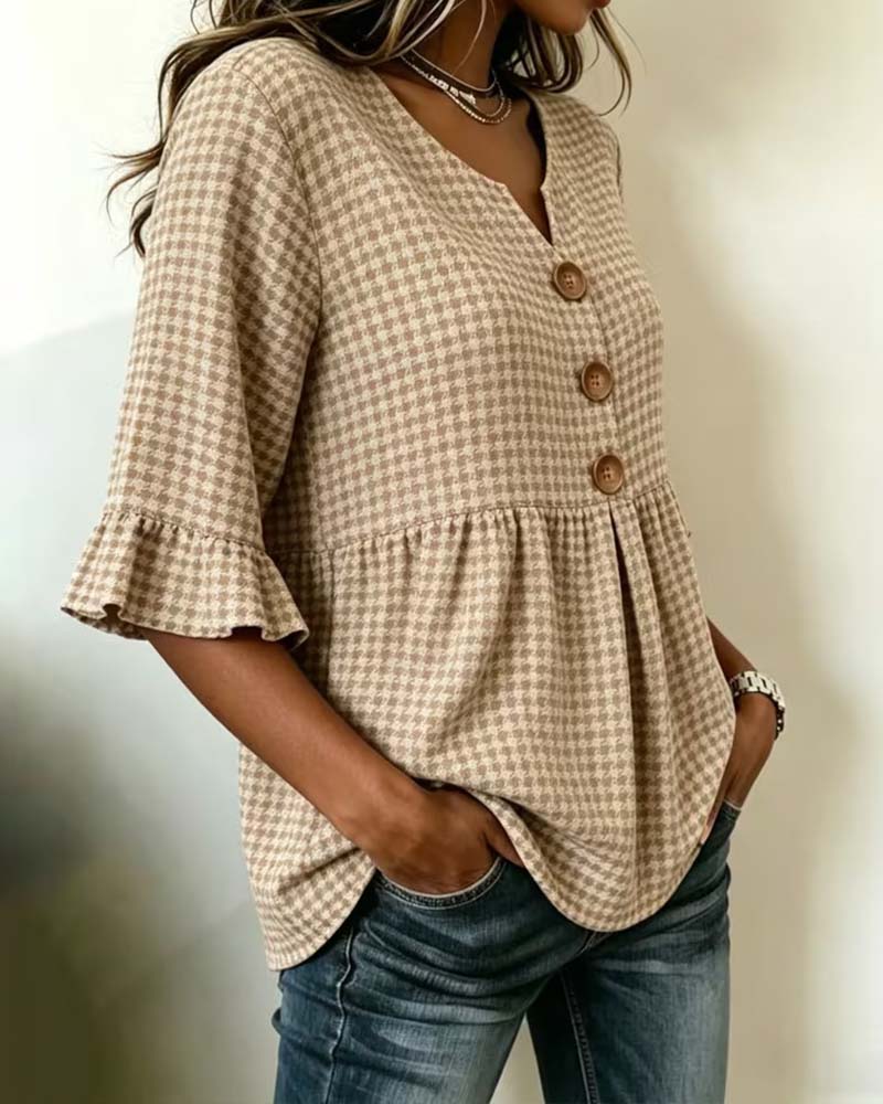 Bluse Houndstooth Treknap Afslappet
