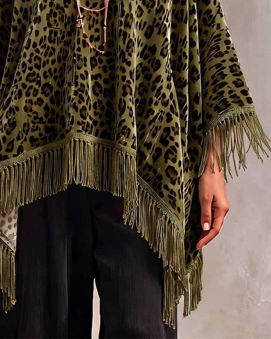 Bluse Flagermusærme Frynser Leopardtryk Løs Fløjl