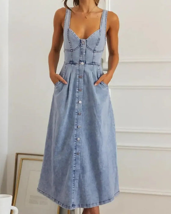 Kjole Spaghetti Strop Knap Talje Indsnøret Denim