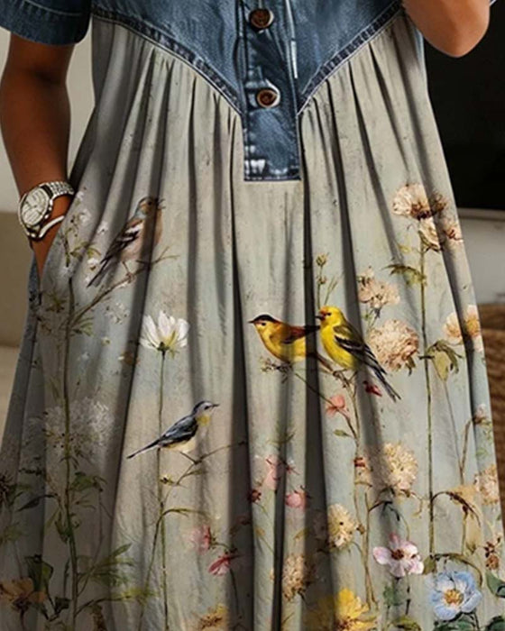 Kjole Skjortekrave Blomstret Denim Patchwork