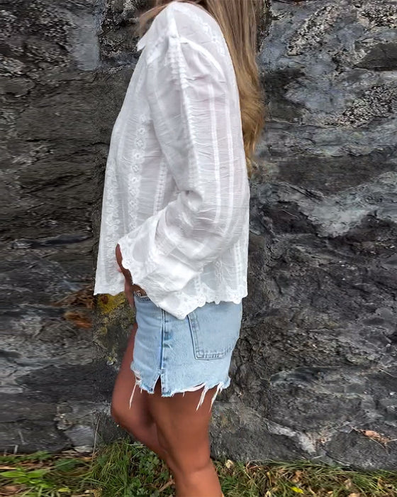 Skjorte Broderet Hult Polo Krave Afslappet