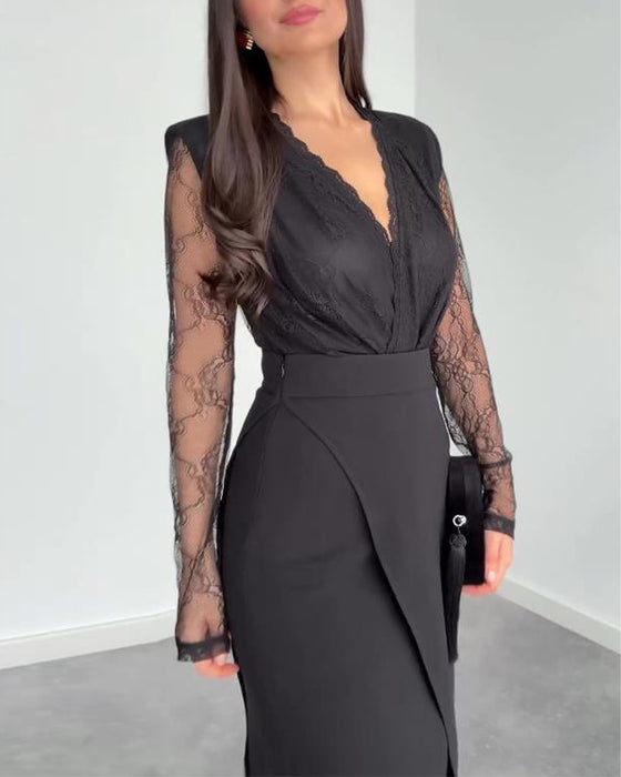 To-Delssæt Med V-Hals Spids Top, Asymmetrisk Midikjol Och Elegant Stil