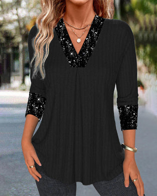 Afslappet ensfarvet patchwork plisseret top med pailletter