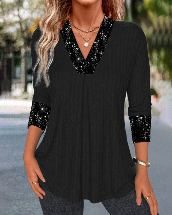 Afslappet ensfarvet patchwork plisseret top med pailletter