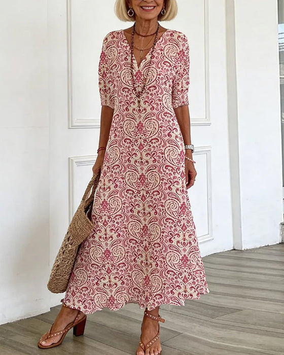 Kjole Vintage Blomstermønster V-Hals Maxi